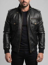 Agent Shadow Black Leather Bomber Jacket