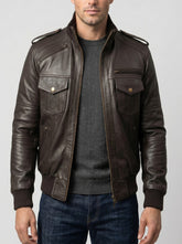 Agent Shadow Brown Leather Bomber Jacket