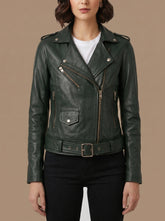 Amara Green Leather Biker Jacket
