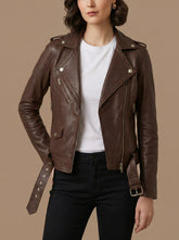 Amara Tan Brown Leather Biker Jacket