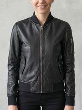 Iris Black Leather Bomber Jacket