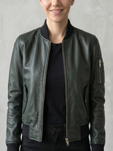 Iris Green Leather Bomber Jacket