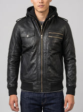 Bravado Black Hooded Leather Bomber Jacket