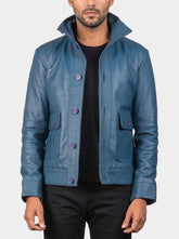 Columbus Blue Leather Bomber Jacket
