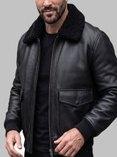 Hudson Black Shearling Collar Leather Bomber Jacket
