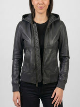 Nova Black Hooded Leather Bomber Jacket