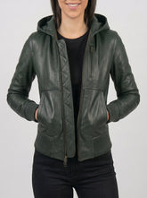 Nova Green Hooded Leather Bomber Jacket