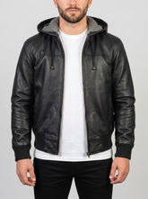 Nintenzo Black Hooded Leather Bomber Jacket