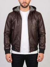 Nintenzo Brown Hooded Leather Bomber Jacket