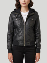 Eloise Black Hooded Leather Bomber Jacket