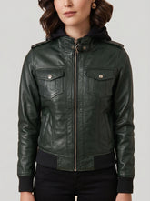 Eloise Green Hooded Leather Bomber Jacket