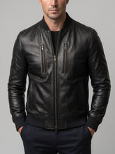 Tailored Leather Bomber Jacket with Zipper Details