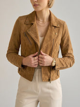 Cropped Camel Suede Biker Jacket